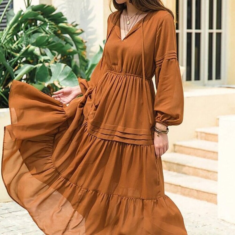 Brown Boho Womens Chiffon V-Neck Tie Elegant Long MAXI  Dress